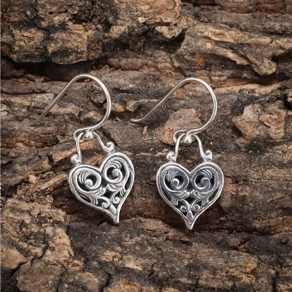 Sterling Silver Heart Filigree Drop Earrings - Silver